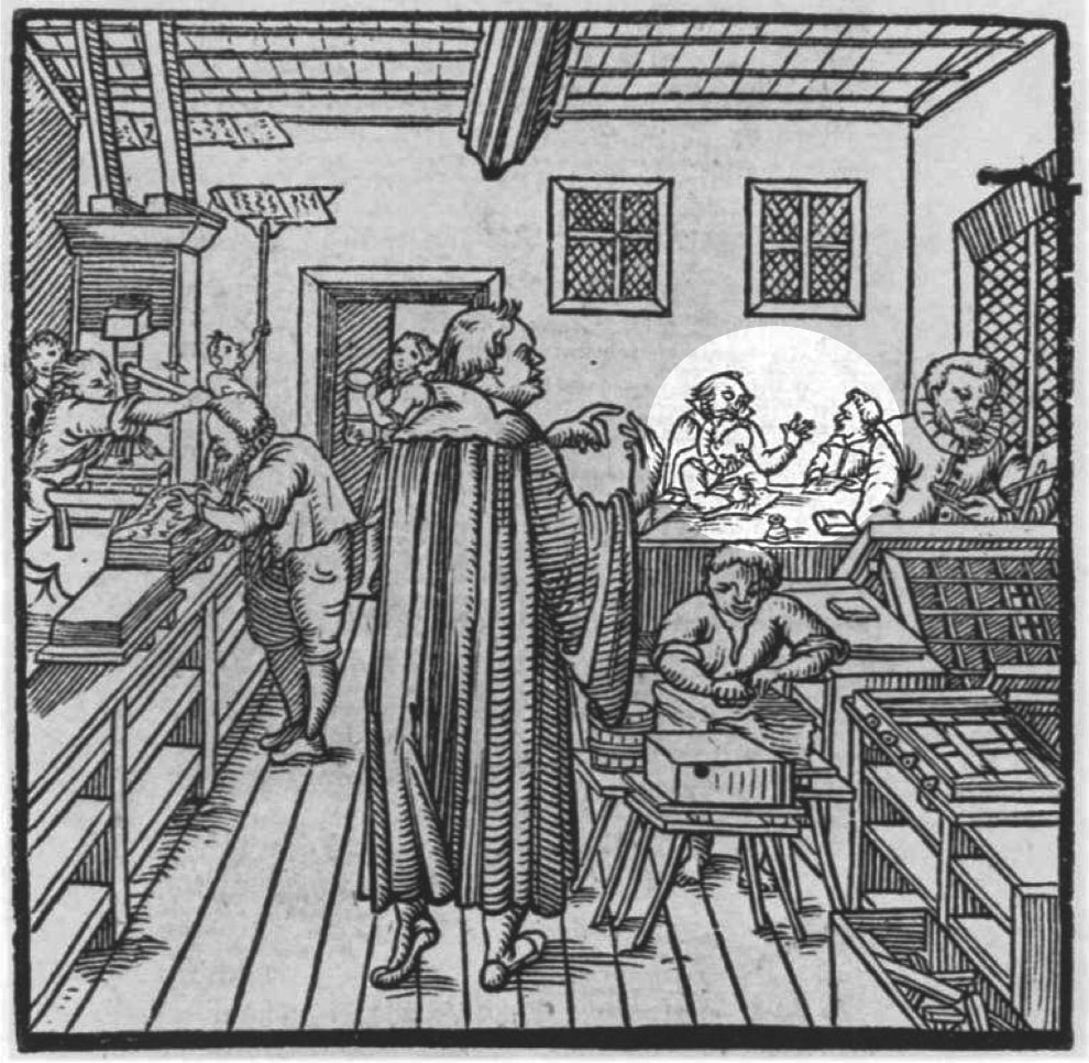 Gravure de Moses Thym présentant un atelier d'imprimerie au XVIe siècle