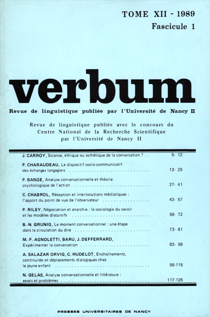 Revue "Verbum", tome XII, 1989, université de Nancy II