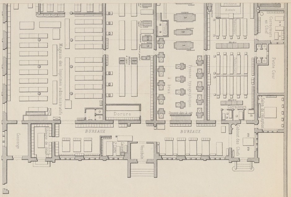 Plan partiel de l'imprimerie Berger-Levrault en 1878, montrant la disposition des bureaux et des ateliers