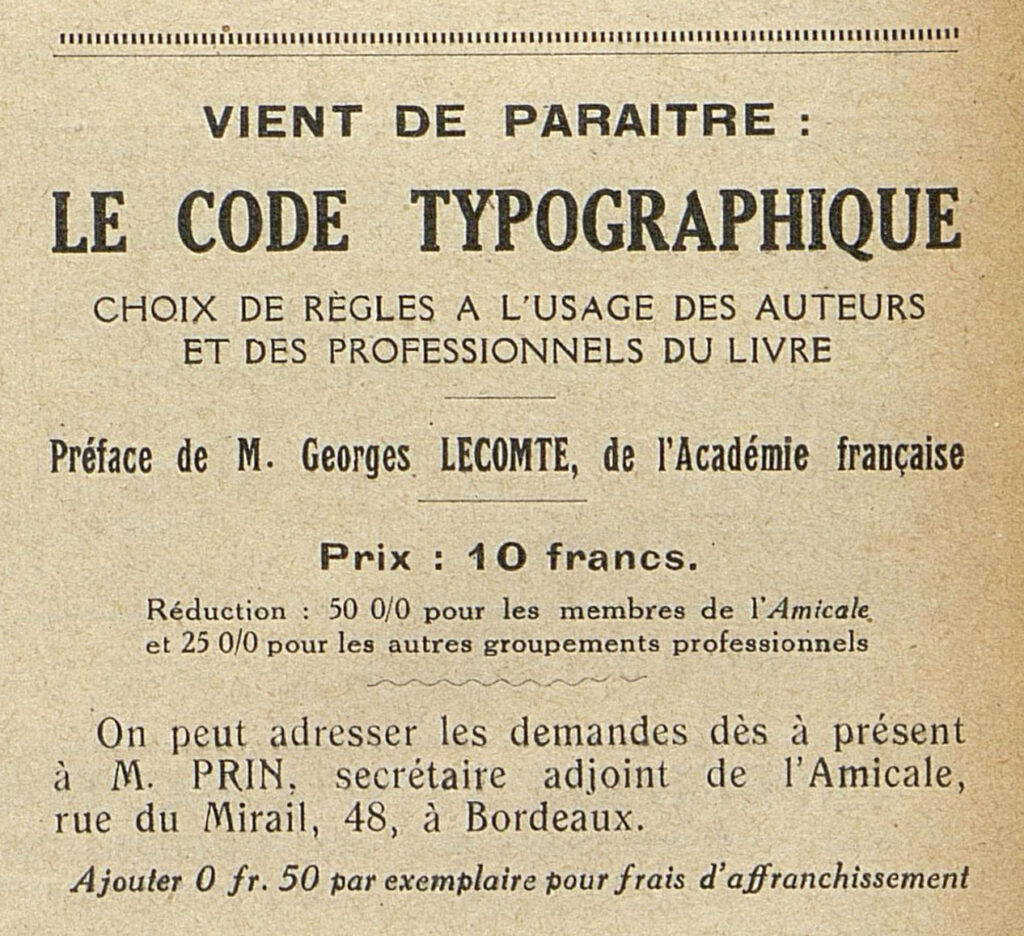 Annonce de la parution du "Code typographique", mai 1928