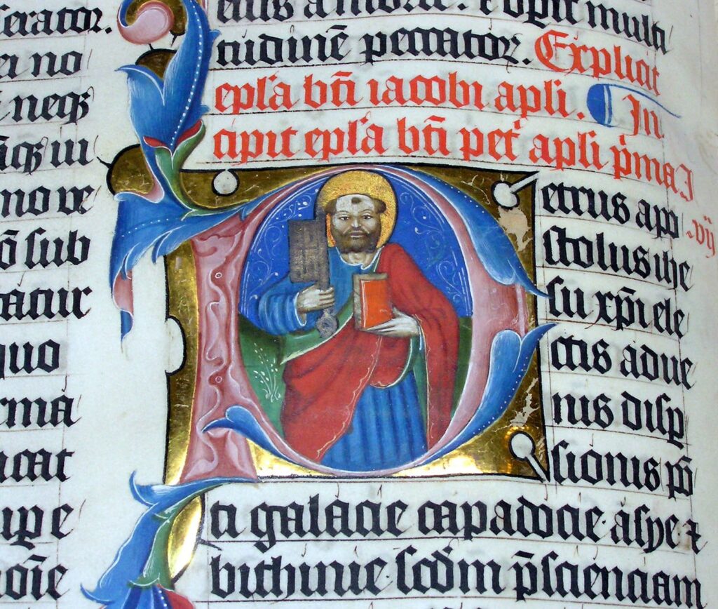 Rubrication et lettrine historiée dans la "Bible de Malmesbury", manuscrit de 1407.