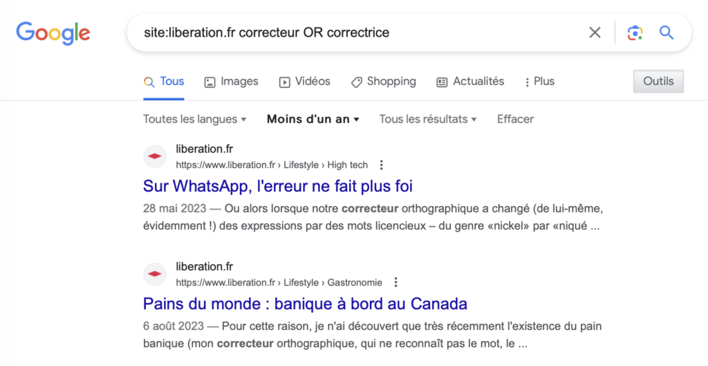 recherche des mots-clés "correcteur" et "correctrice" sur le site de "Libération"