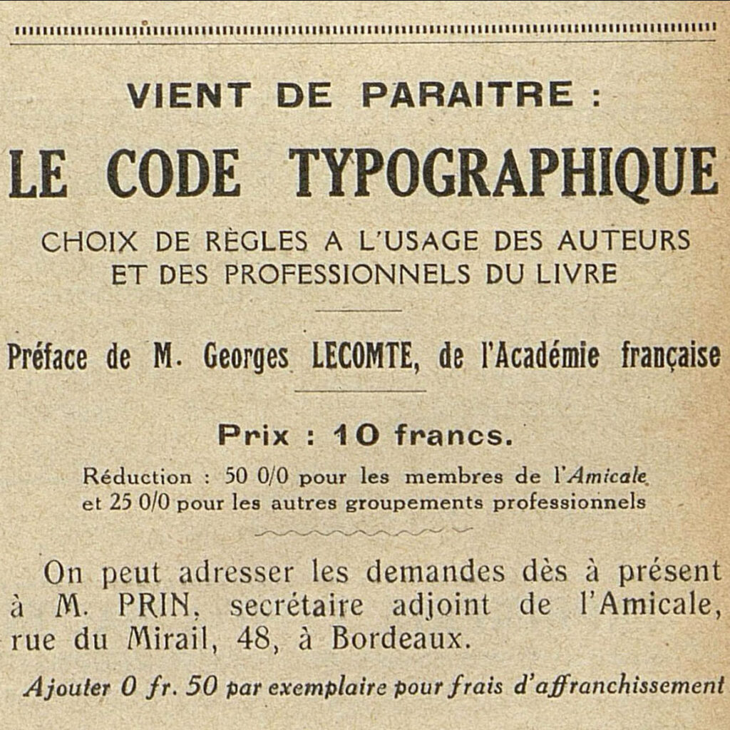 Annonce de la parution du "Code typographique", en mai 1928, dans la "Circulaire des protes"