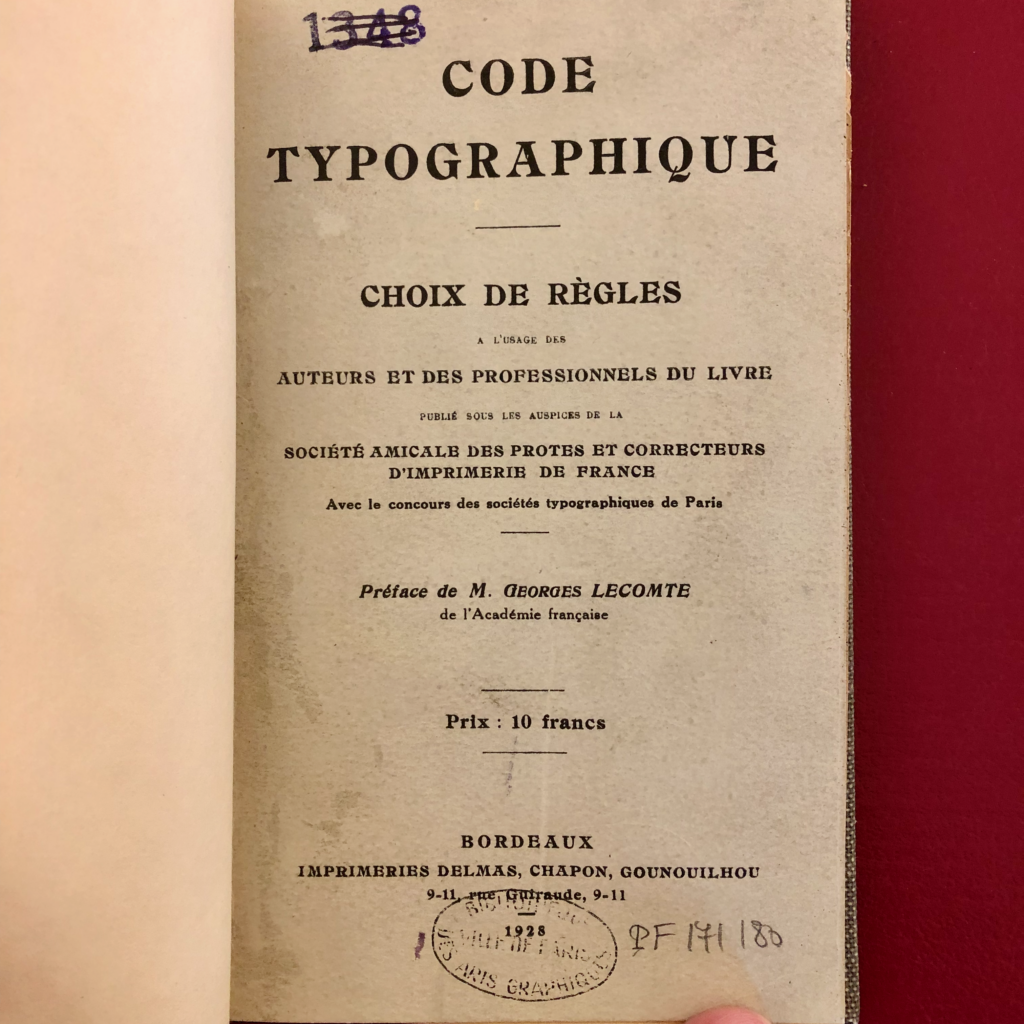 Première édition du "Code typographique", Bordeaux, Delmas, 1928