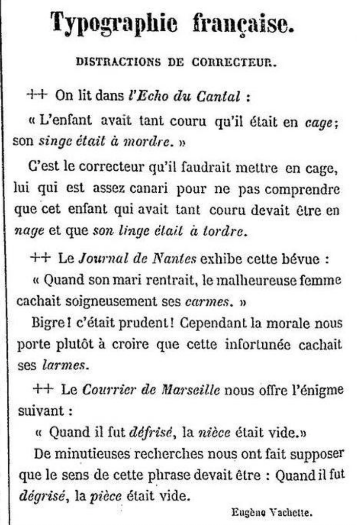 Extrait des "Distractions de correcteur" du journal "Le Tintamarre", années 1850