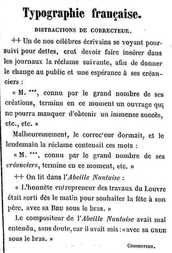 Extrait des "Distractions de correcteur" du journal "Le Tintamarre", années 1850