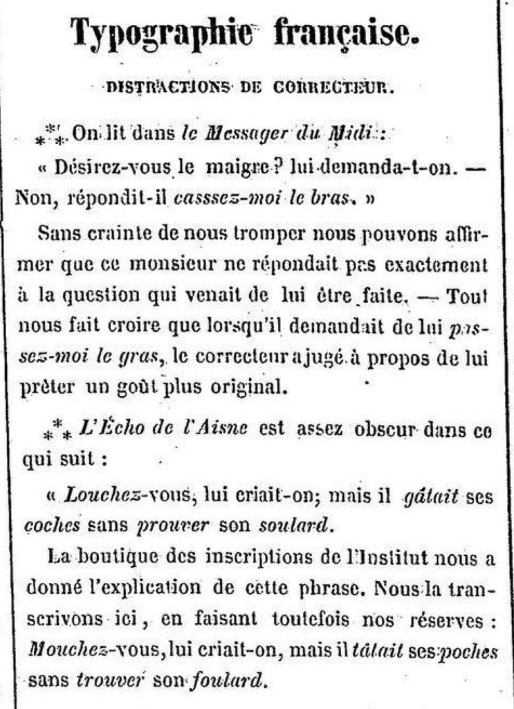 Extrait des "Distractions de correcteur" du journal "Le Tintamarre", années 1850