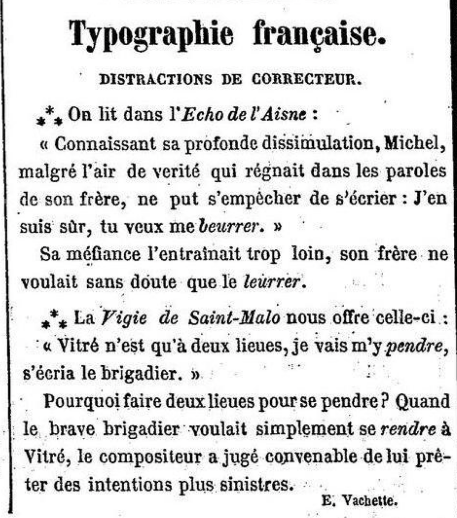 Extrait des "Distractions de correcteur" du journal "Le Tintamarre", années 1850