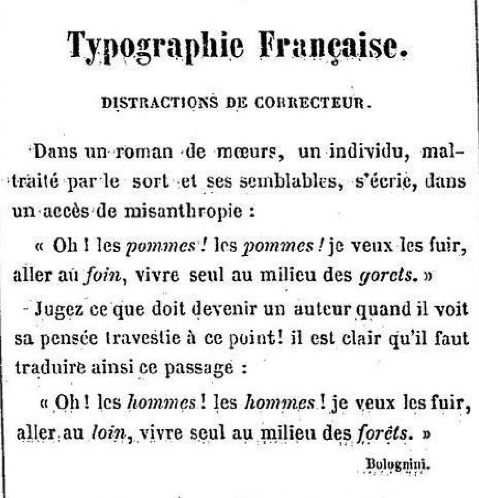 Extrait des "Distractions de correcteur" du journal "Le Tintamarre", années 1850