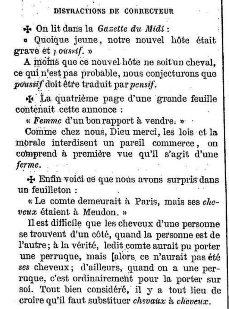 Extrait des "Distractions de correcteur" du journal "Le Tintamarre", années 1850