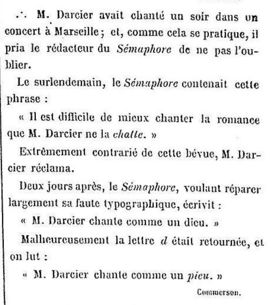 Extrait des "Distractions de correcteur" du journal "Le Tintamarre", années 1850