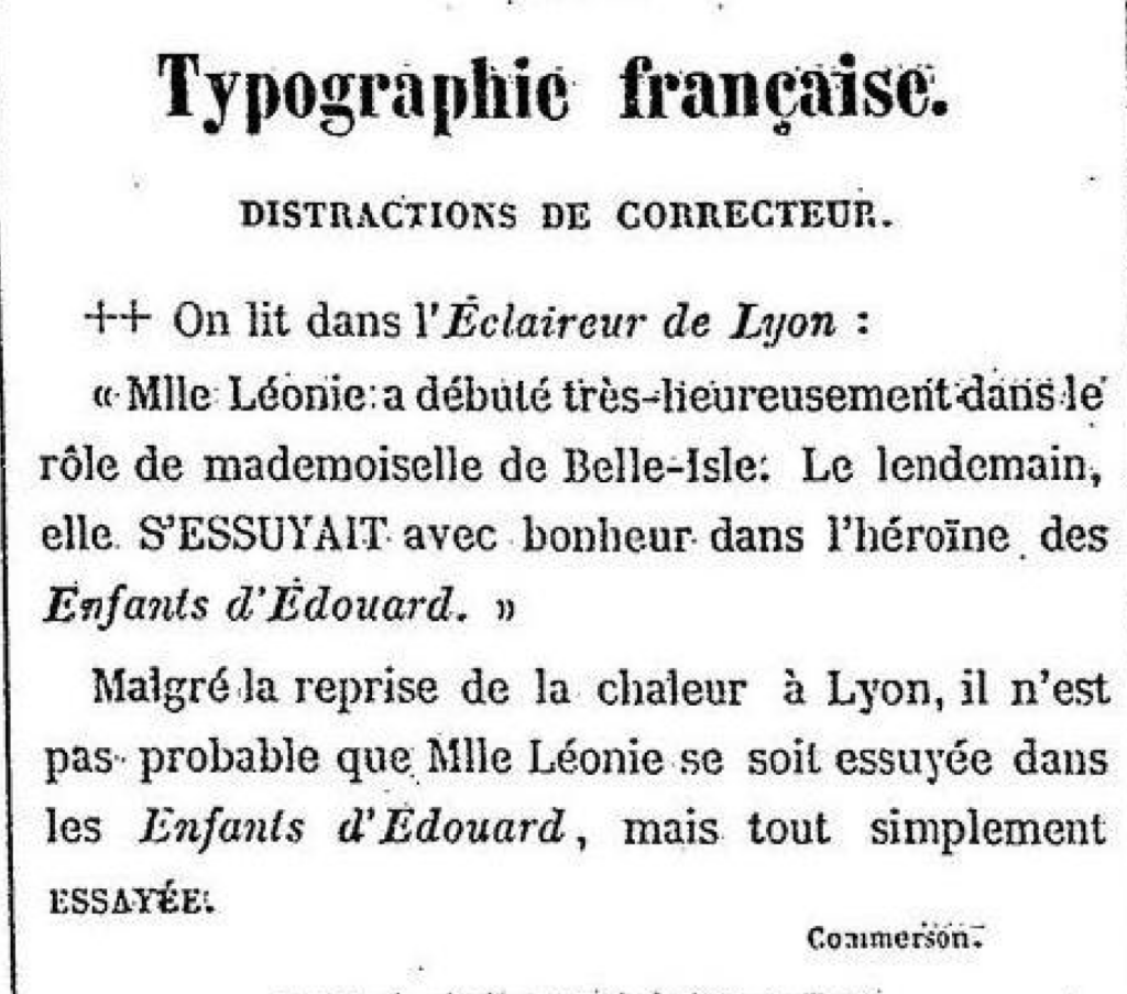 Extrait des "Distractions de correcteur" du journal "Le Tintamarre", années 1850