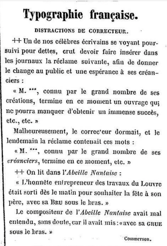 Extrait des "Distractions de correcteur" du journal "Le Tintamarre", années 1850