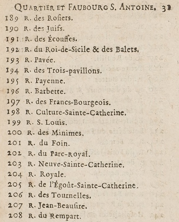 "L’Indicateur parisien, orné d’un nouveau plan de Paris, annexé au Tableau de la France", 1767, In-12, 226 p., plan. Détail de la page 30. 