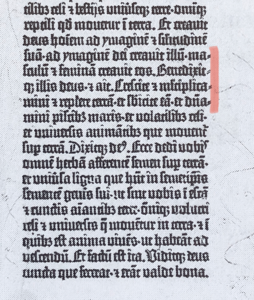 Extrait de la Bible à 42 lignes : on note quatre coupures successives, marquées par des doubles traits obliques, placés dans la marge. Détail d'une reproduction dans "L'Effet Gutenberg" de Fernand Baudin (éd. du Cercle de la librairie, 1994), p. 81.
