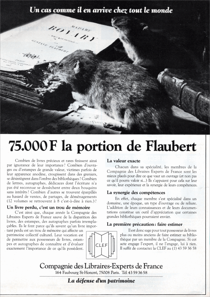 Publicité de la Compagnie des libraires-experts de France (CLEF), parue dans un magazine en juin 1990. Collection personnelle.