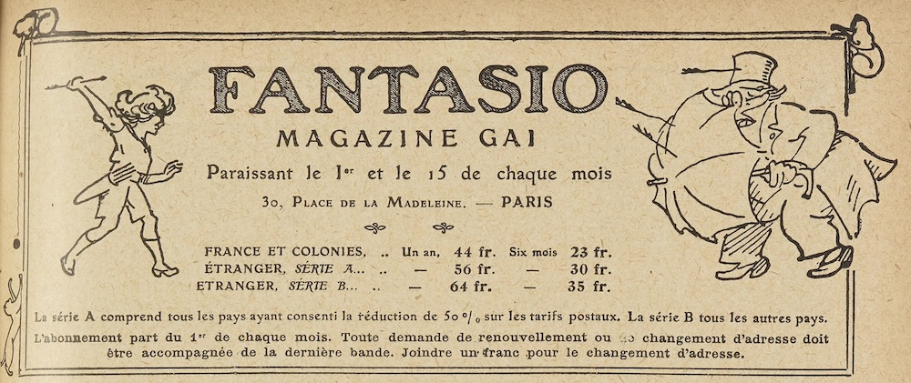 Manchette (1930) de "Fantasio", périodique satirique (1906-1937, 1948). Son "Parc aux huîtres" recensait des perles parues dans la presse. Source : Gallica/BnF.