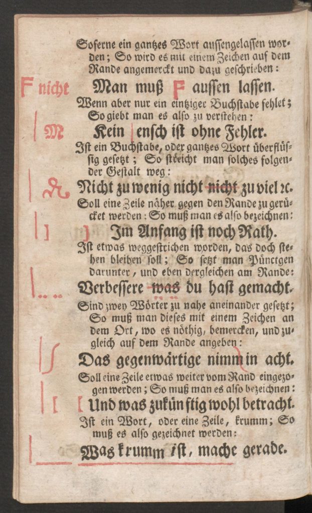 Signes de correction dans "Orthotypographia" de Hieronymus Hornschuch (1608), trad. allemande vers 1740.