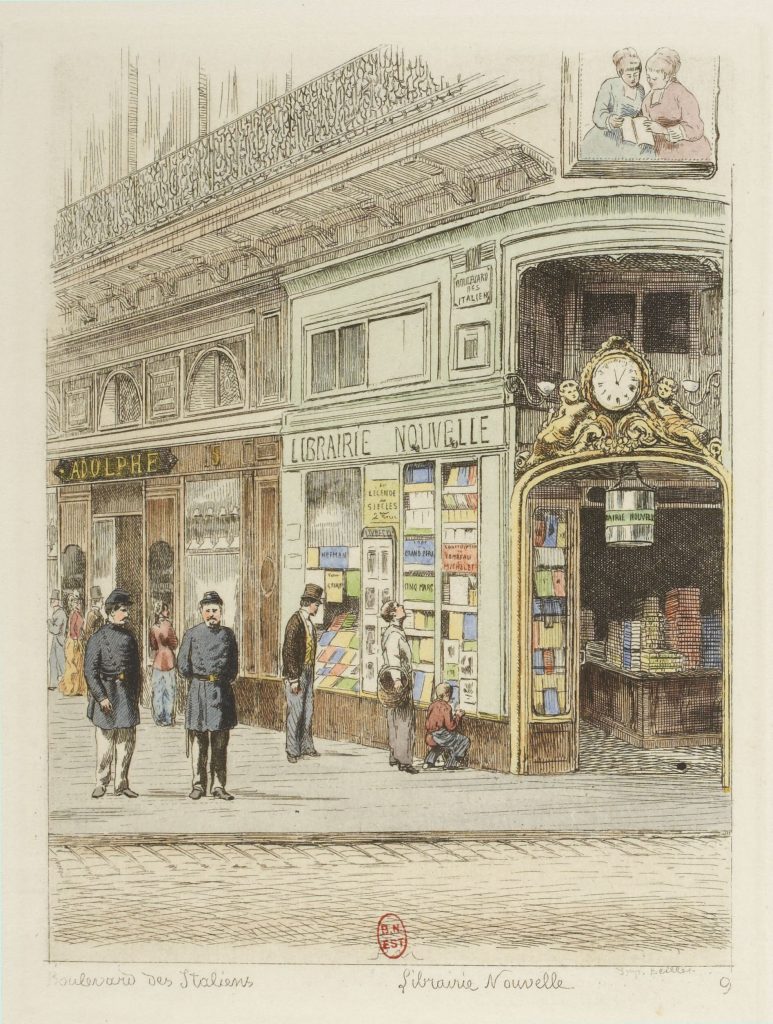 "Boulevard des Italiens : Librairie Nouvelle", estampe, A.-P. Martial, 1877. Source : Gallica/BnF.
