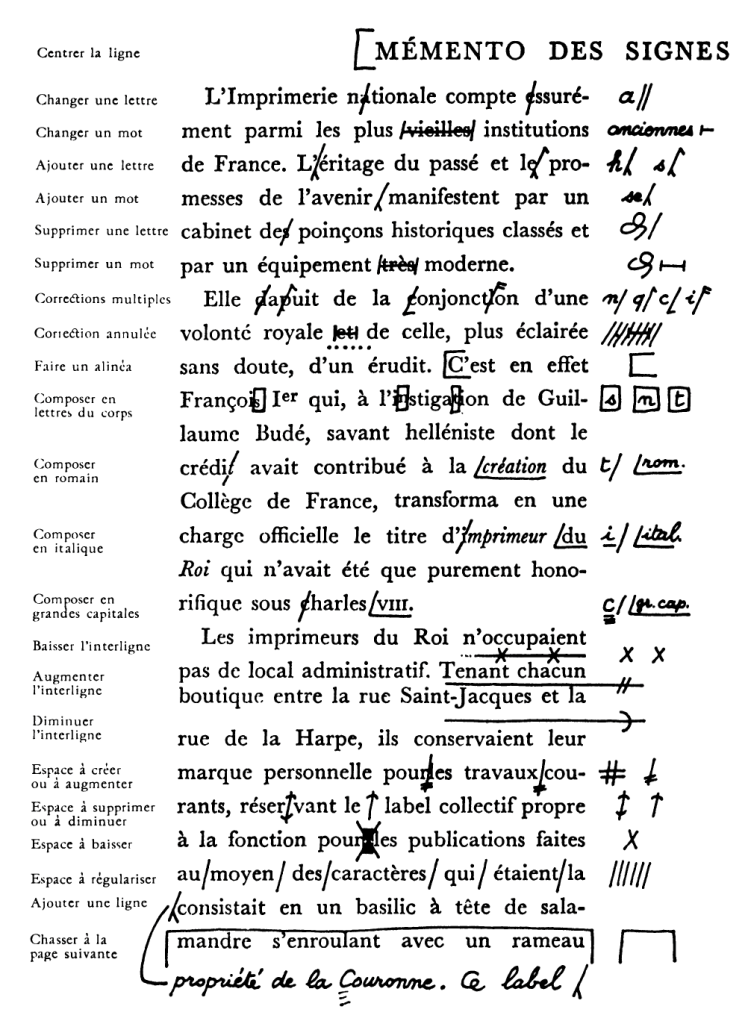 "Lexique des règles en usage à l'Imprimerie nationale" (2022), p. 58. Baisser une interligne ou une espace visibles (traces noires sur l'épreuve) est demandé par une croix dans la marge.