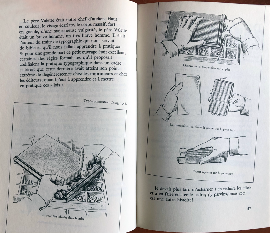 Pages 46-47 de "Écrire l'espace", de Pierre Faucheux, reprenant des gravures du manuel de Georges Valette, "Typo-composition" (INIAG, 1956).