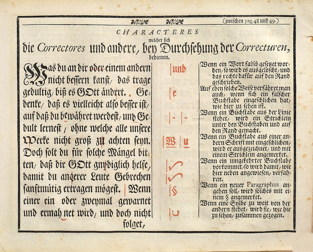 "Characteres welcher ſich die Correctores und andere, bey Durchſehung der Correcturen, bedienen" (Caractères dont se servent les correcteurs et autres, lors de la révision des épreuves.) "Die Wol-eingerichtete Buchdruckerey", de Johann Heinrich Gottfried Ernesti (Nuremberg, Endter, 1721).
