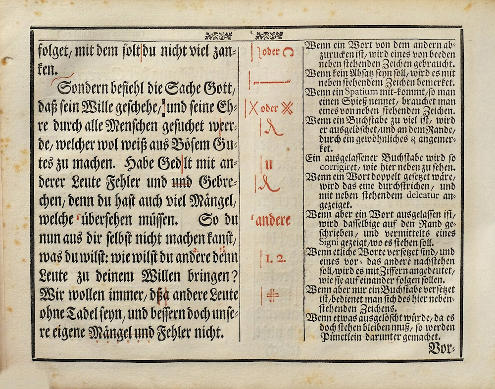 "Characteres welcher ſich die Correctores und andere, bey Durchſehung der Correcturen, bedienen" (Caractères dont se servent les correcteurs et autres, lors de la révision des épreuves.), suite. "Die Wol-eingerichtete Buchdruckerey", de Johann Heinrich Gottfried Ernesti (Nuremberg, Endter, 1721).